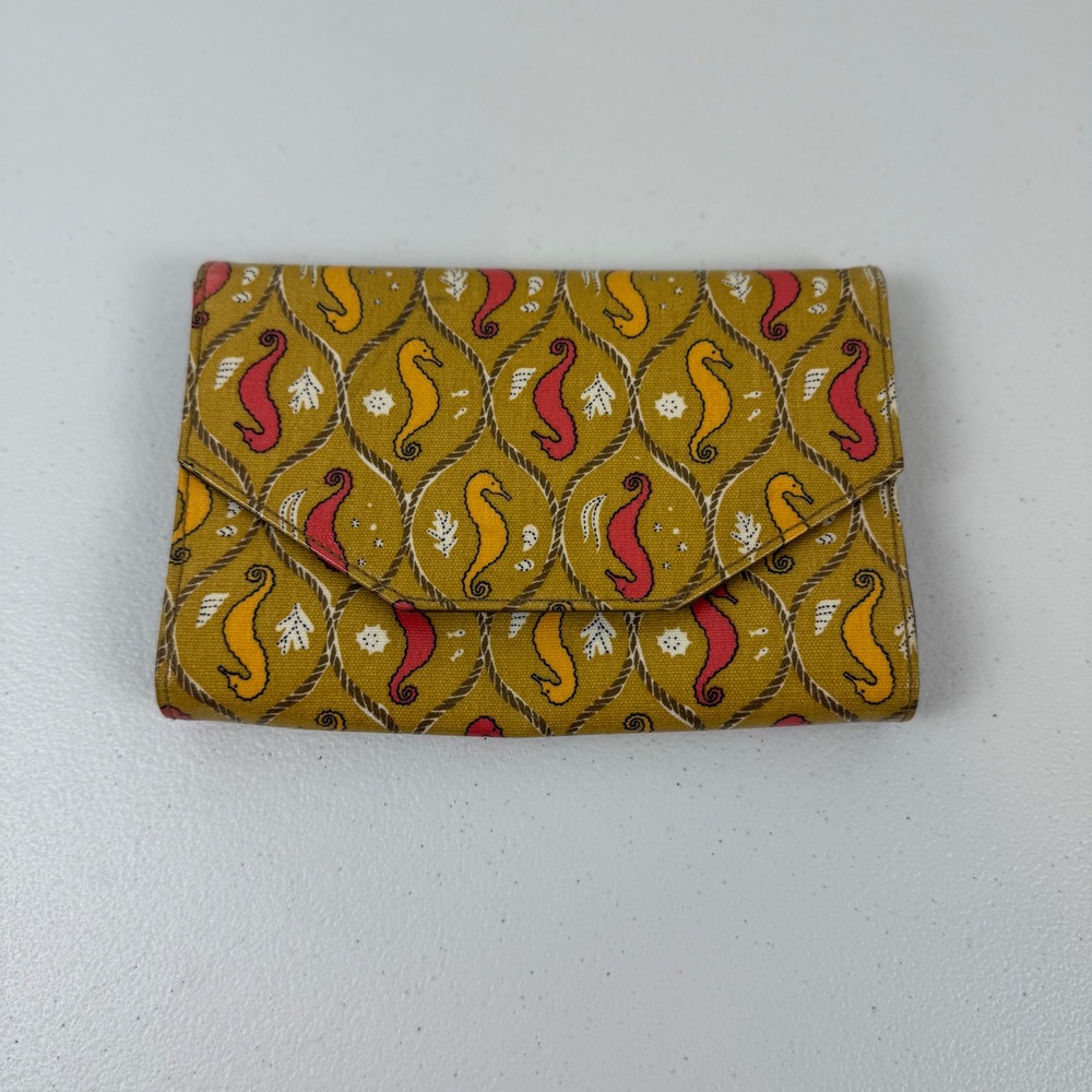 Halsea Seahorse Print Coated Canvas Clutch Wallet Mustard Yellow Nautical